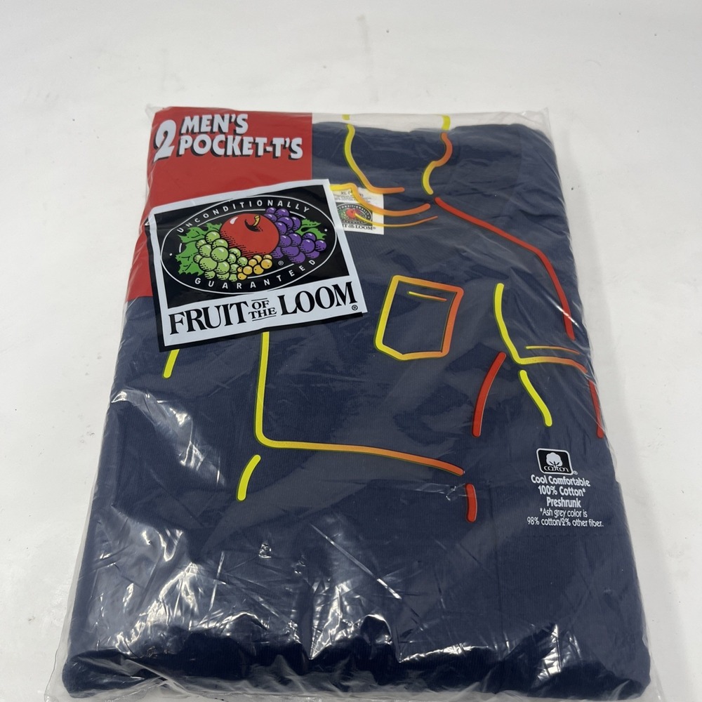 Vtg 1995 Fruit of the Loom Men's T-Shirt Pocket-T Navy Size XL 46-48 New 2 Pack